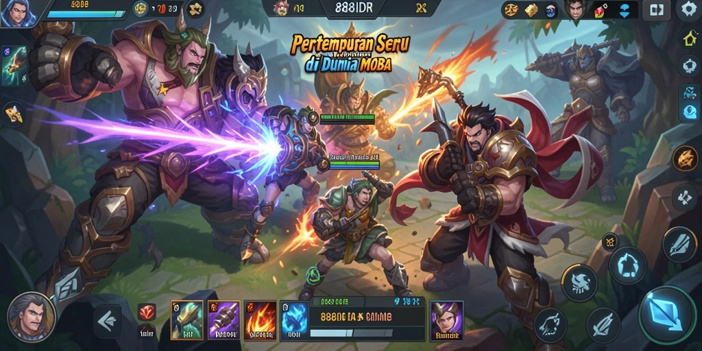 Tampilan gameplay intens di arena pertempuran MOBA.