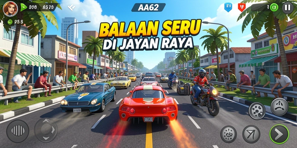 Tampilan gameplay balapan seru di AA62 dengan mobil yang melaju kencang.