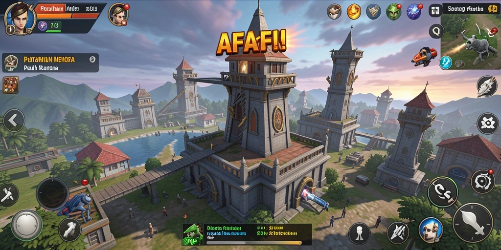 Tangkapan layar gameplay AFAF yang menunjukkan menara pertahanan yang strategis.