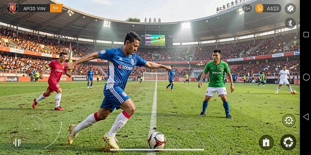 Tampilan gameplay API33 dalam pertandingan sepak bola yang menegangkan.