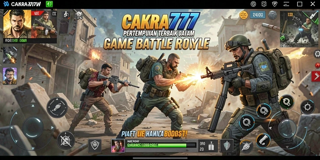 Menampilkan aksi pertempuran seru di arena Battle Royale CAKRA777.
