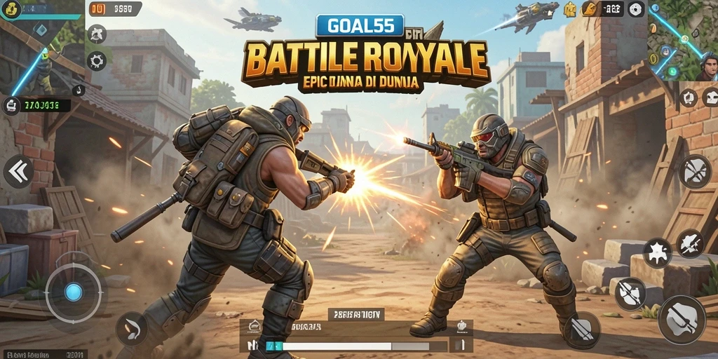 Screenshot utama GOAL55 menampilkan aksi seru di medan perang Battle Royale.