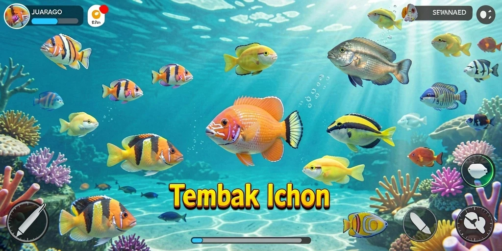 Tampilan gameplay JUARAGO dengan penembakan ikan yang seru.
