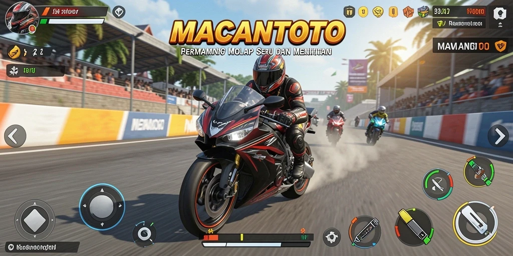 Screenshot gameplay <strong>MACANTOTO</strong> menampilkan balapan motor seru yang penuh aksi.