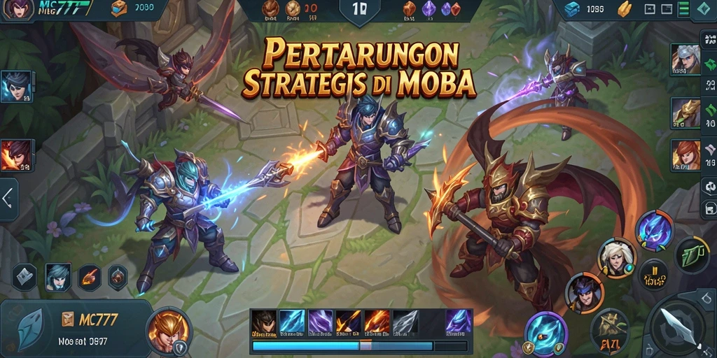 Tampilan gameplay MOBA yang intens dan strategis.
