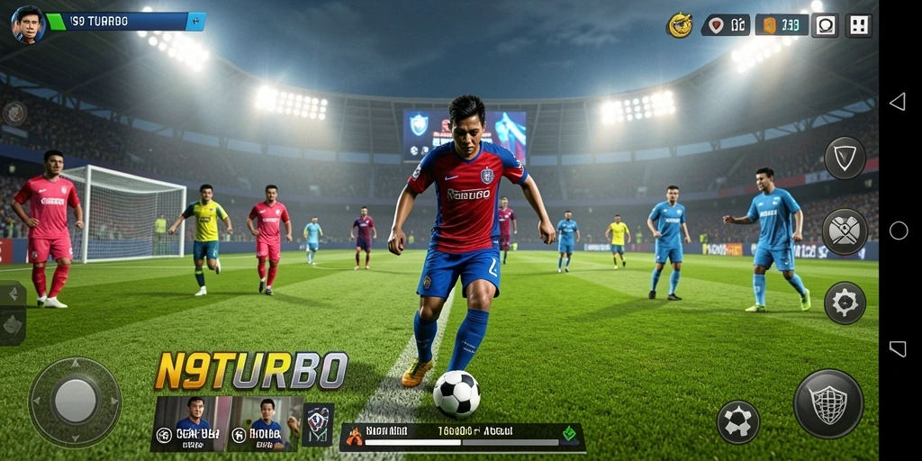 Screenshot N9TURBO menampilkan aksi pertandingan sepak bola yang intens.
