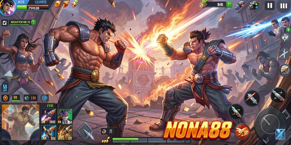 Screenshot NONA88 menampilkan aksi pertarungan seru dan karakter yang dinamis.