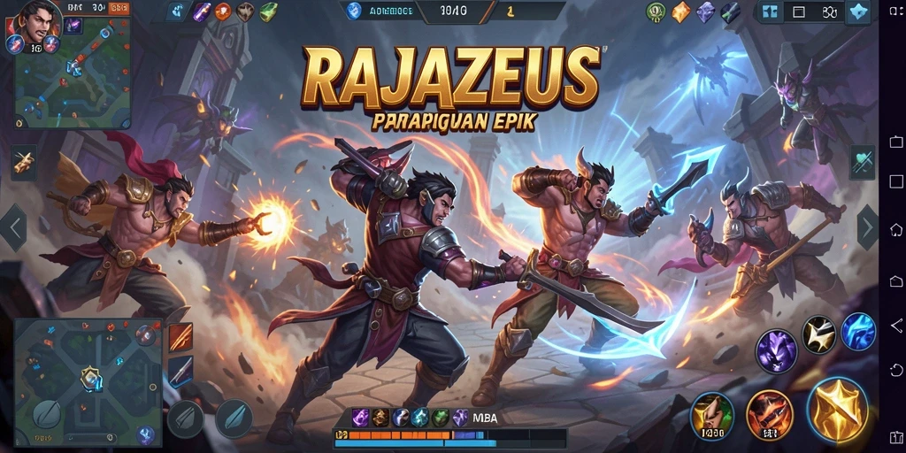 Tangkapan layar gameplay RAJAZEUS menampilkan aksi intens dalam pertarungan tim.