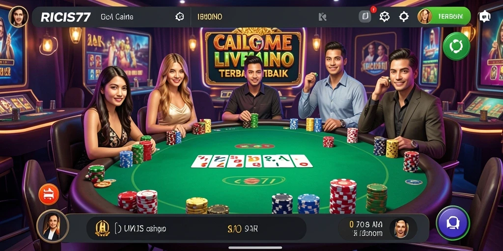 Screenshot RICIS77 menampilkan dealer langsung di Live Casino yang ceria.