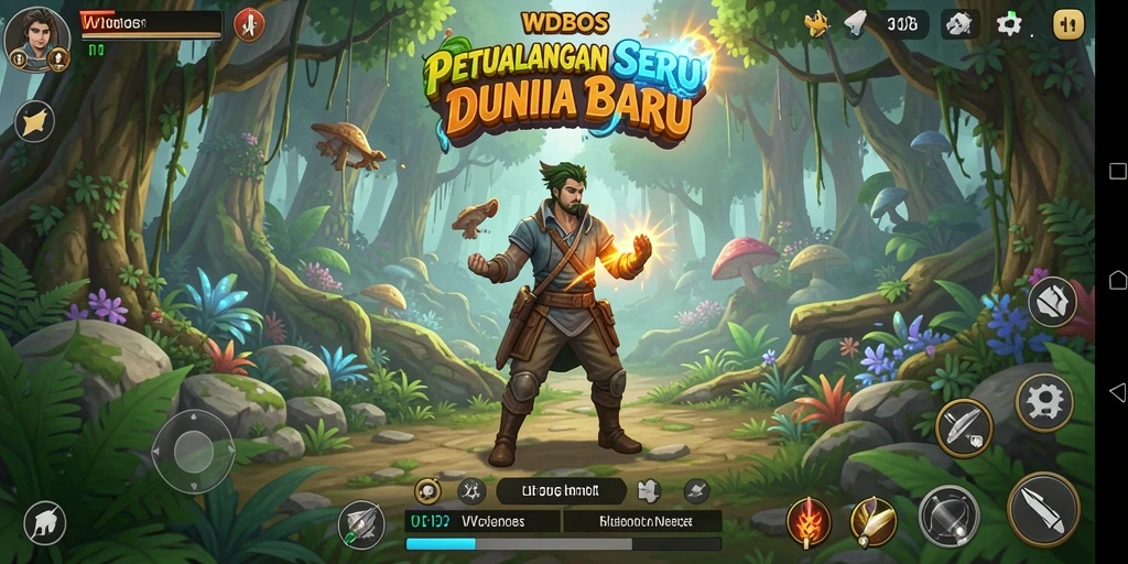 Tangkapan layar utama WDBOS menunjukkan aksi seru karakter dalam permainan petualangan.